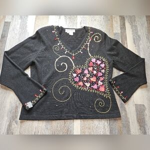 Jack B Quick Vintage Sweater Women's Large Black With Beaded Sequin Hearts